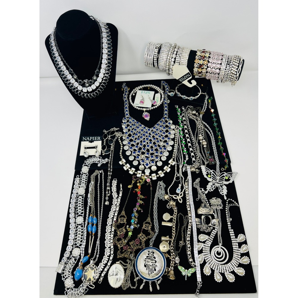 Vintage & Modern Silver Tone & Classic Bold Signed & Unsigned Jewelry Lot of 35